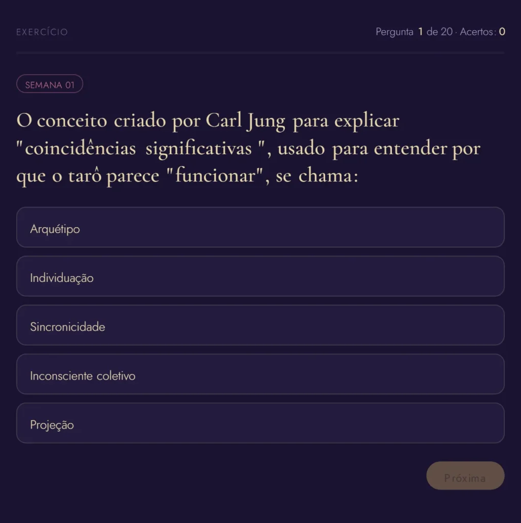 Captura de tela de um exercício de múltipla escolha da Trilha de Estudo do Tarô